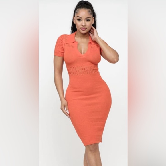 Women's Solid V-neck Short sleeve Elastic Knitting Cutout Dress - Picture 1 of 1